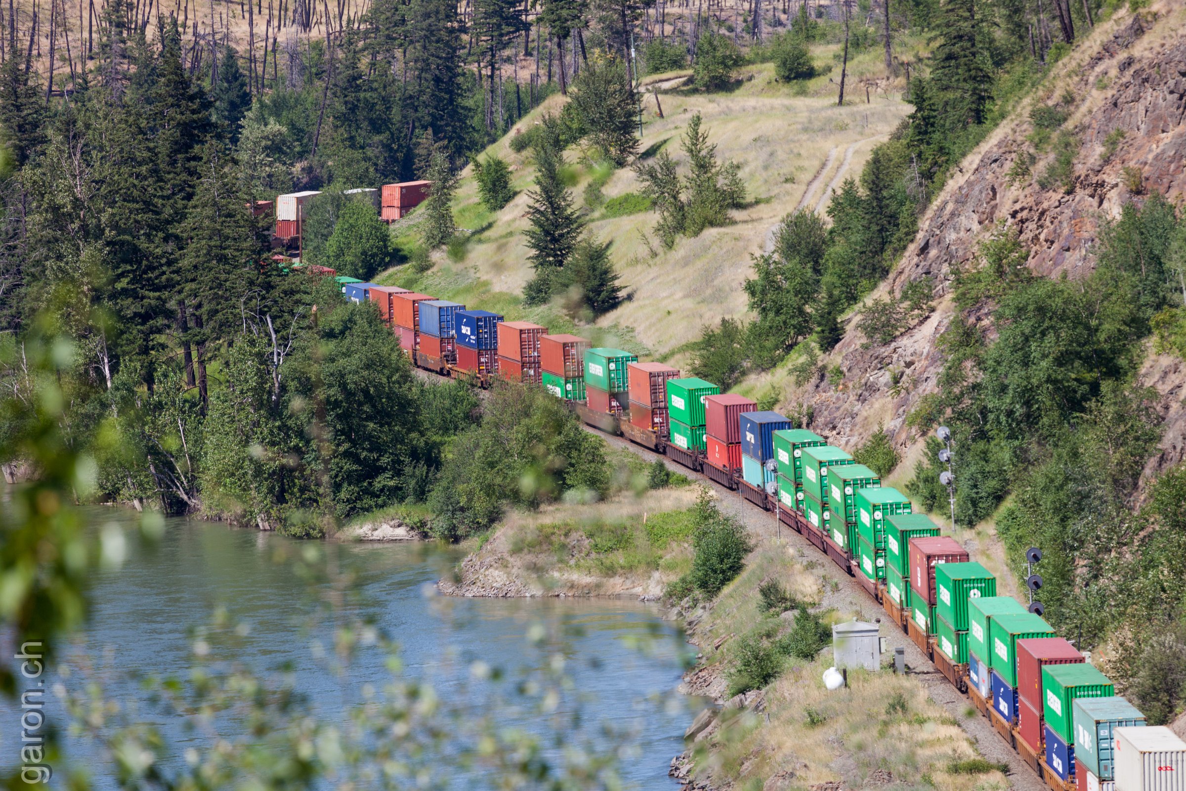 British Columbia, train from Kamloops freight train along Louis Creek, seen from BC 5, northeast of Badger Creek Road