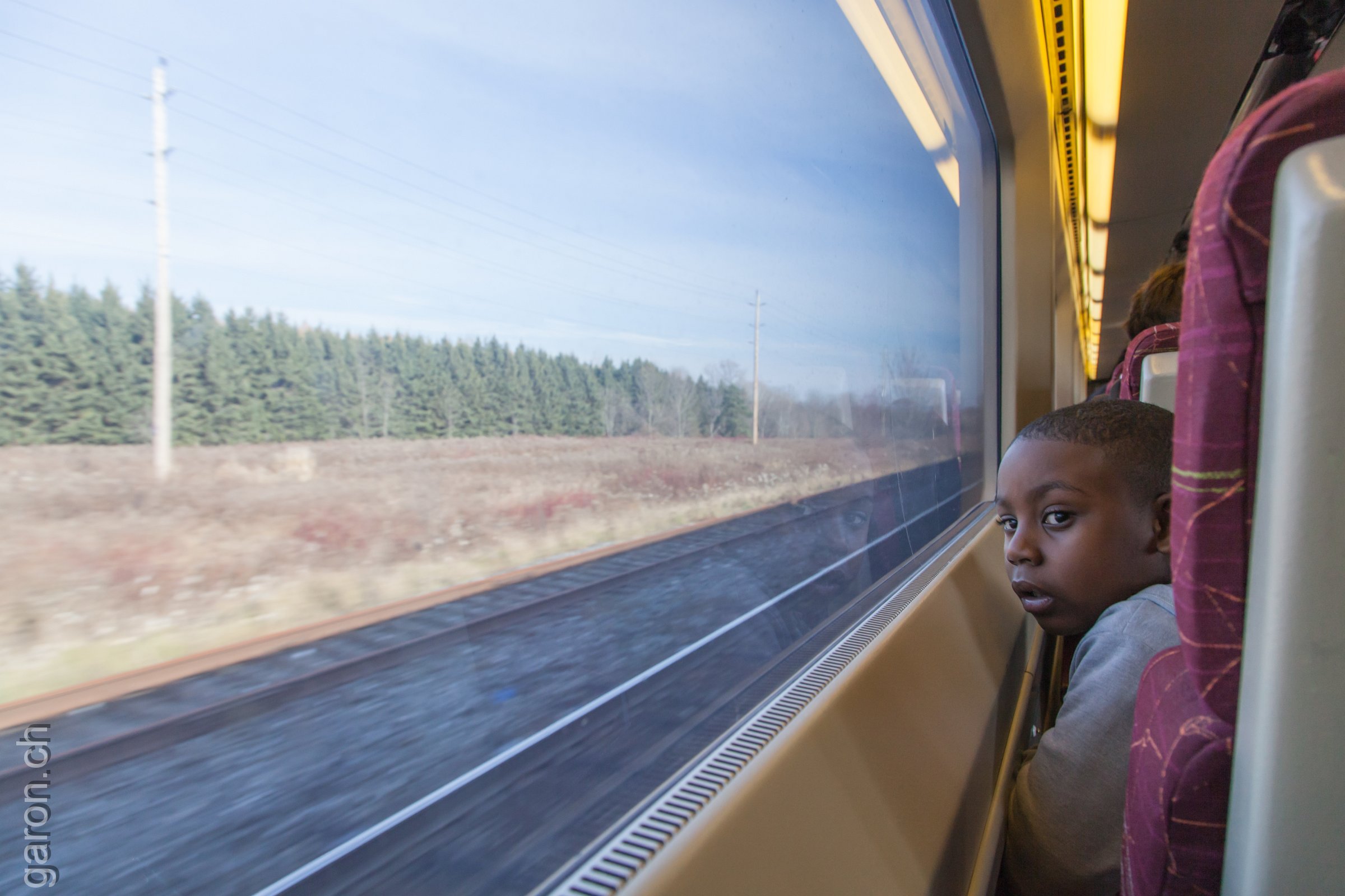 Railroad trip Toronto-Montreal Young boy looking thru the window