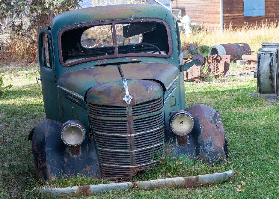Atlin BC (Enclave Yukon) houses and funny Backyards; old timer pickup